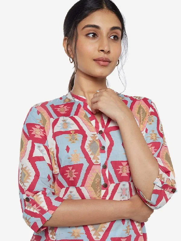 Utsa Light Blue Geometric Design Straight Kurta