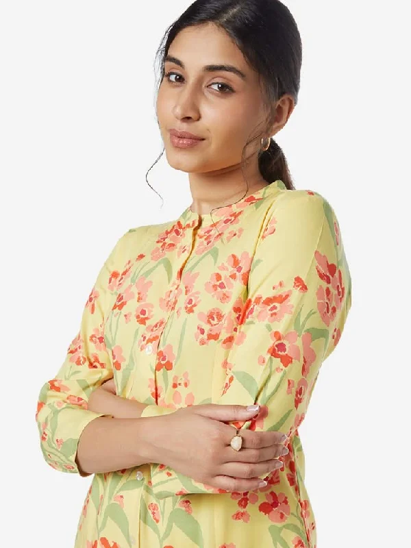 Utsa Yellow Floral Print A-line Kurta