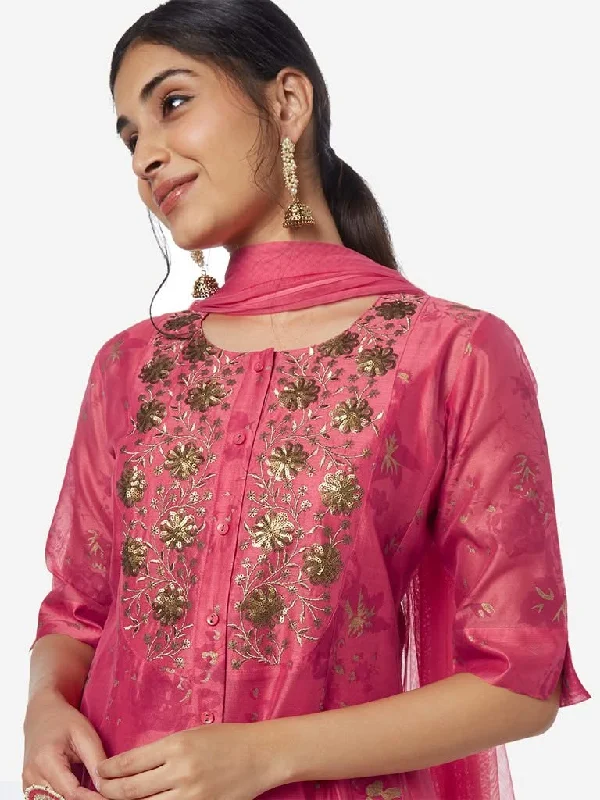 Vark Dark Pink Kurta, Ethnic Pants And Dupatta