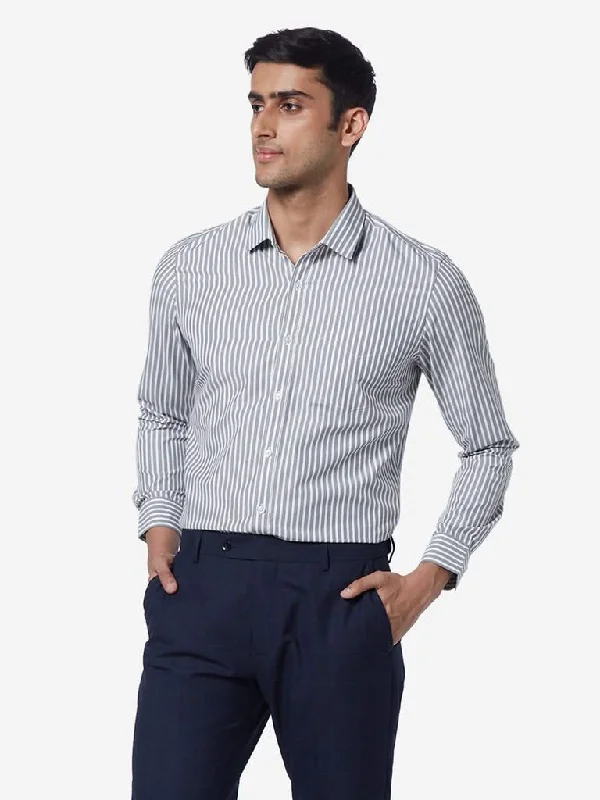 WES Formals Grey Slim Fit Striped Shirt