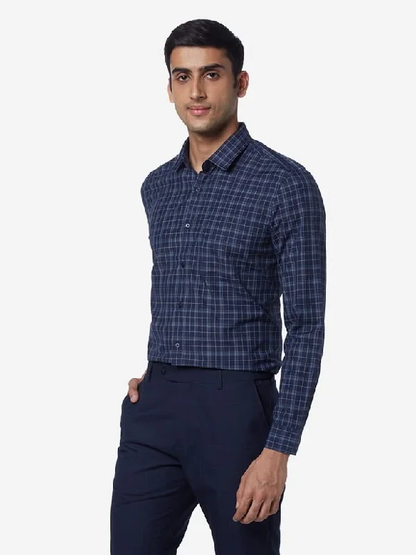 WES Formals Navy Slim Fit Check Shirt