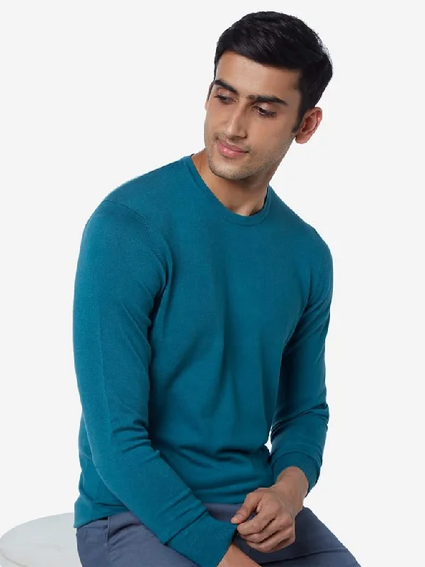 WES Formals Teal Slim-Fit Knitted Sweater