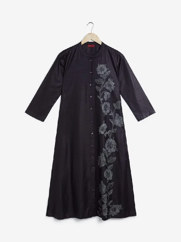 Zuba Black Floral Printed A-line Kurta