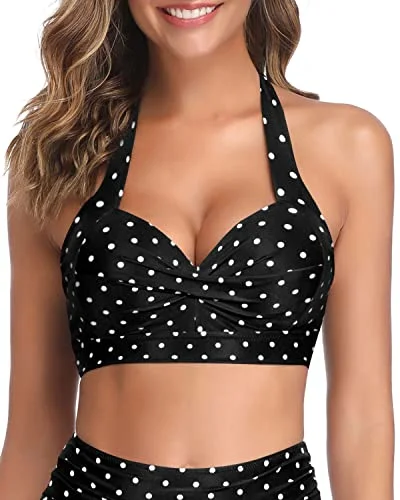 High - performance bikini with quick - drying fabric for active swimmersThicker Band Retro Push Up Bikini Top For Women-Black Dot