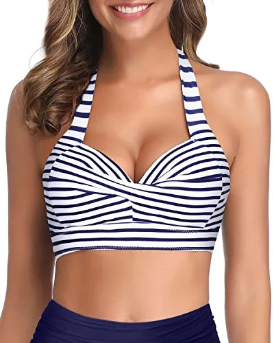 Monokini - style bikini with a unique one - piece - meets - bikini designMix And Match Retro Padded Swimsuit Top-Blue And White Stripes